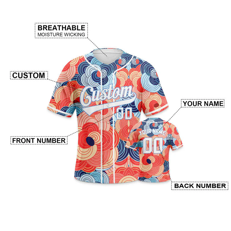 Custom Orange White-Light Blue 3D Pattern Design Flowers Authentic Baseball Jersey