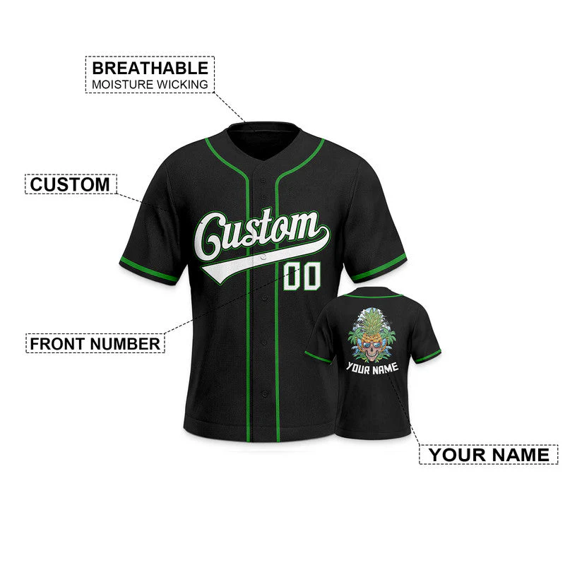 Custom Black Kelly Green-Gold Authentic Skull Pineapple Head Baseball Jersey