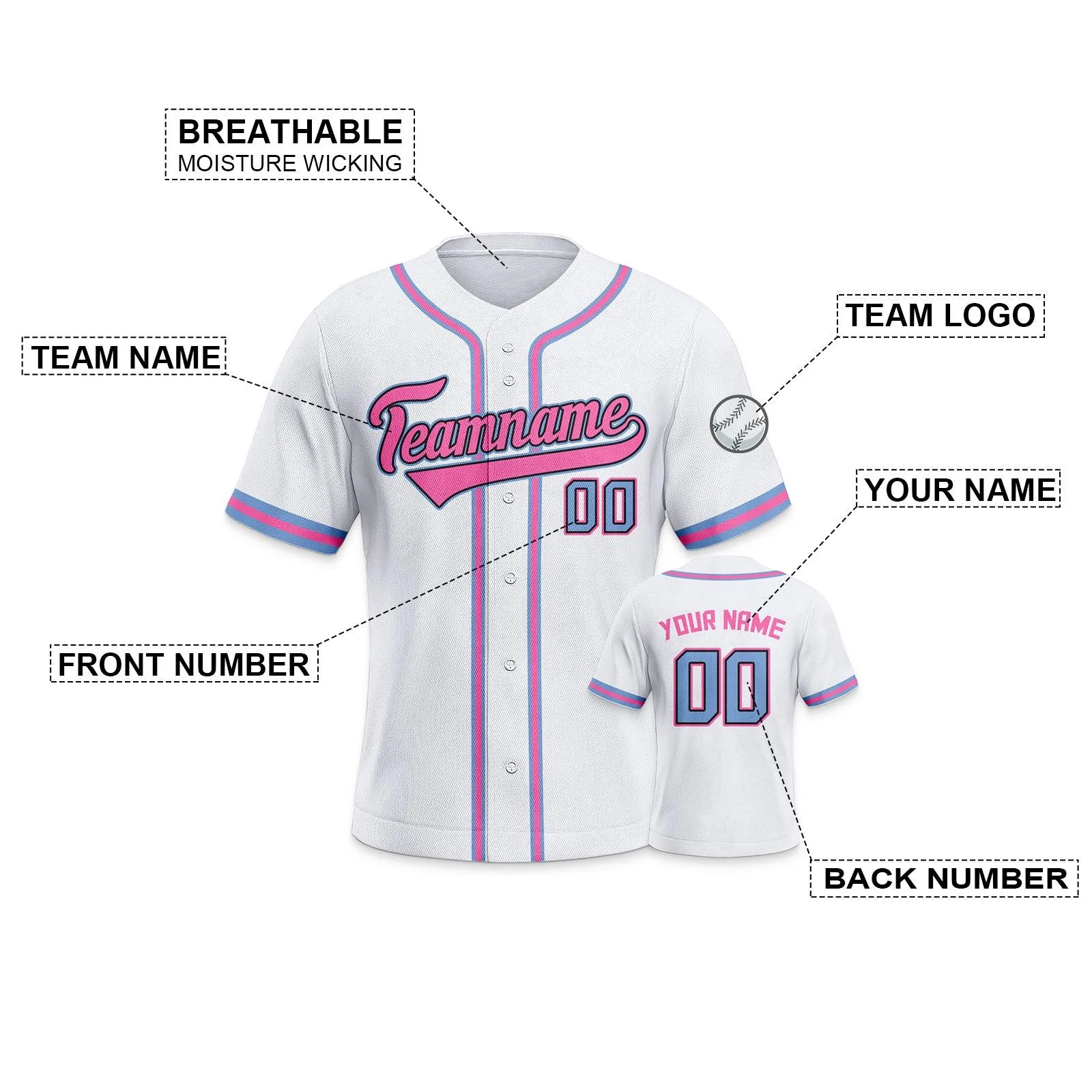 Custom White Pink-Light Blue Authentic Classic Baseball Jersey
