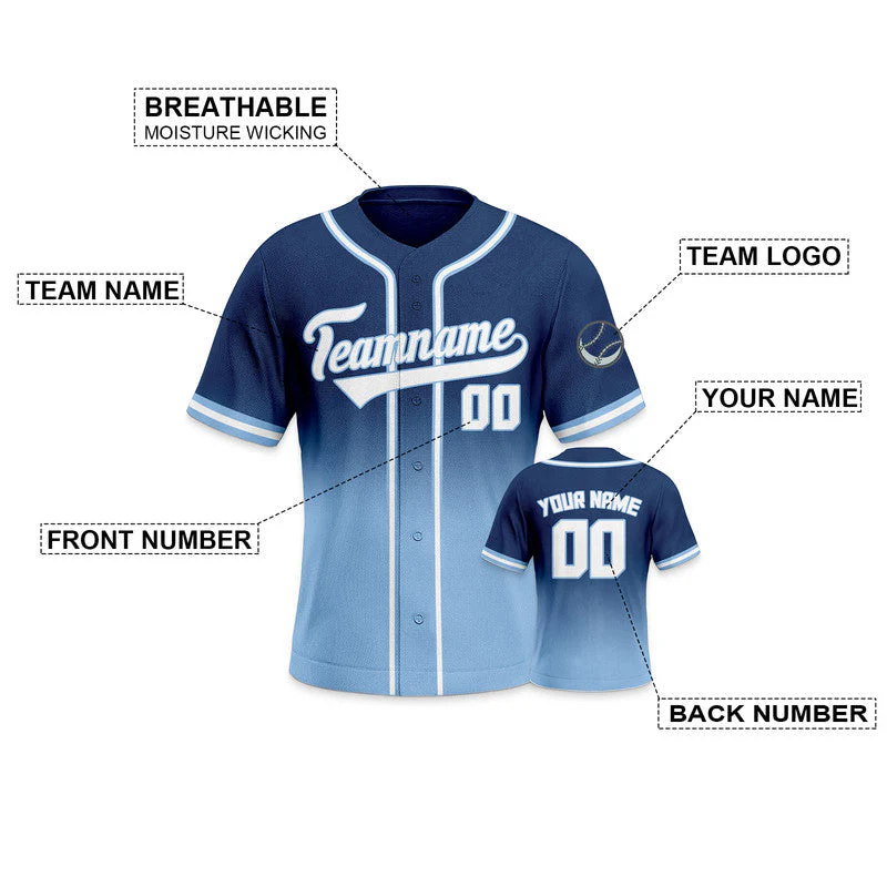 Custom Navy Light Blue-White Authentic Fade Fashion Baseball Jersey
