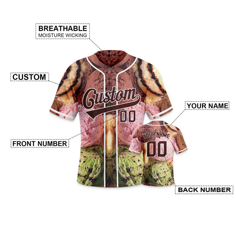 Custom Pink Brown-White 3D Pattern Design Ice cream Authentic Baseball Jersey