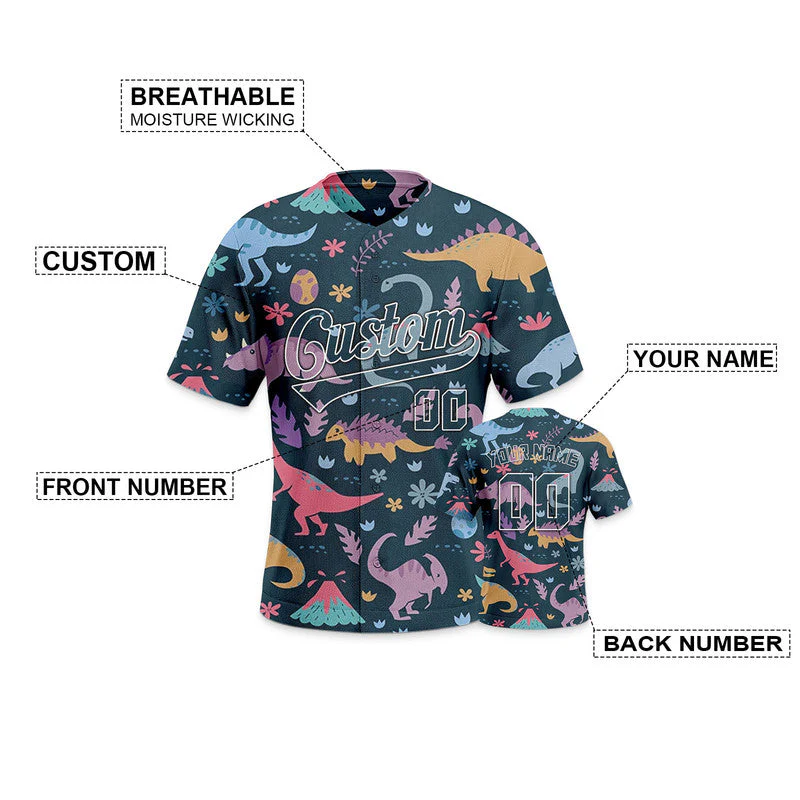 Custom Navy White 3D Pattern Design Dinosaur And Peacock Authentic Baseball Jersey