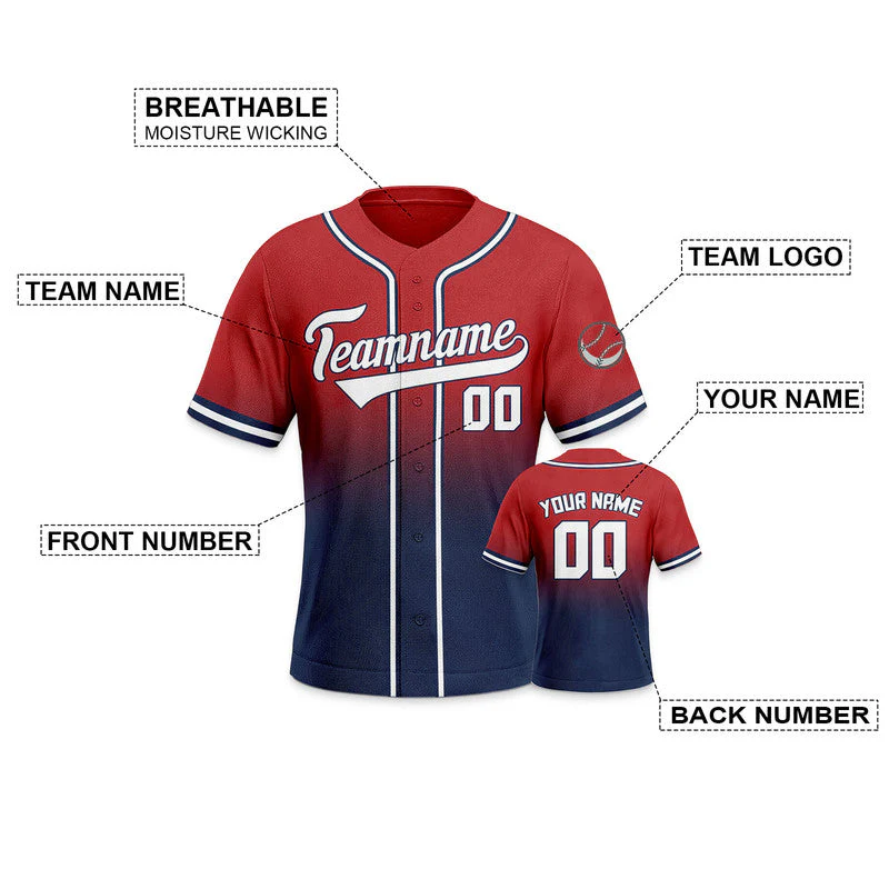 Custom Red Navy-White Authentic Fade Fashion Baseball Jersey